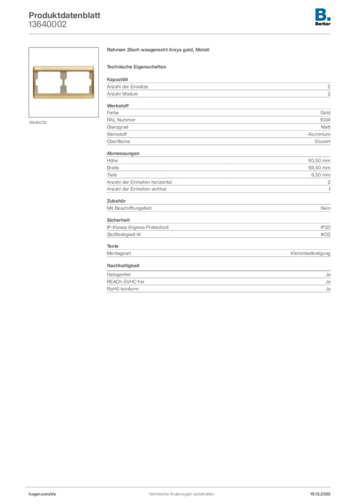 Bild Berker Produktdatenblatt 13640002 | Hager Deutschland