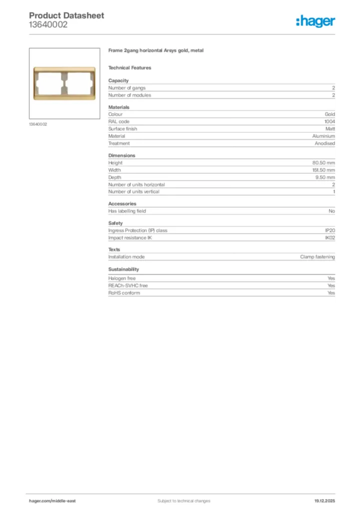 Image Hager Product data sheet 13640002  | Hager