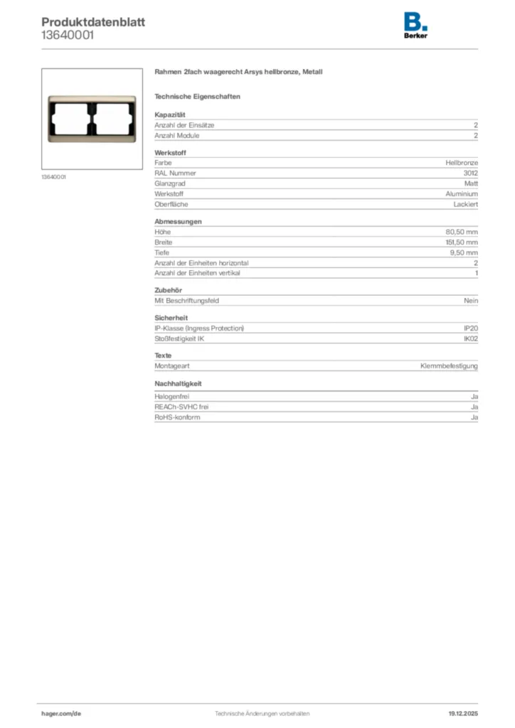 Bild Berker Produktdatenblatt 13640001 | Hager Deutschland