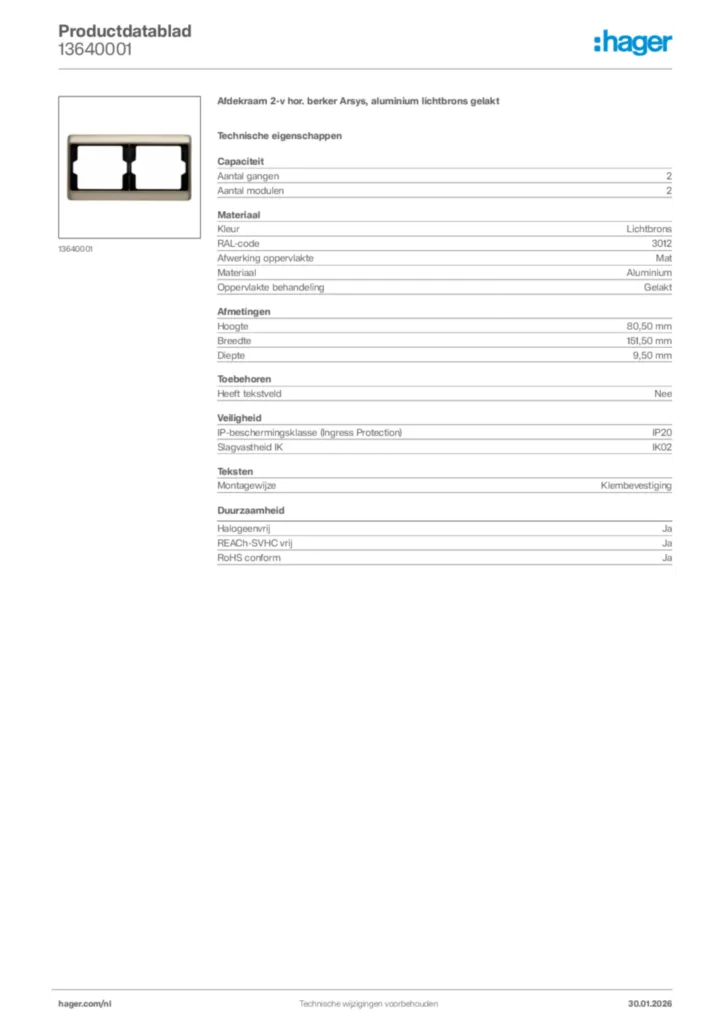 Afbeelding Hager Productdatablad 13640001 | Hager Nederland