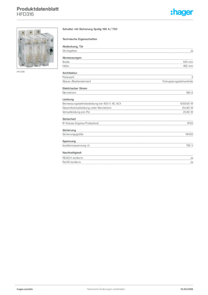 Bild Hager Produktdatenblatt HFD316 | Hager Deutschland