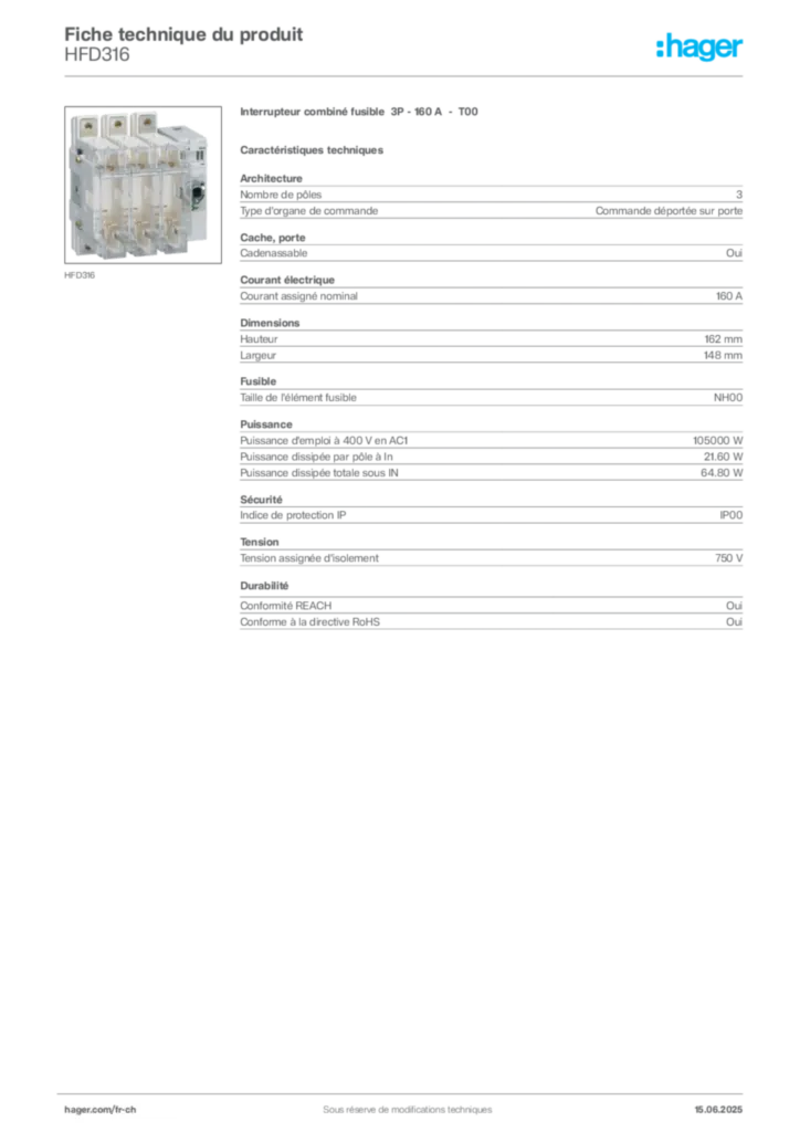 Image Hager Fiche technique du produit HFD316 | Hager Suisse