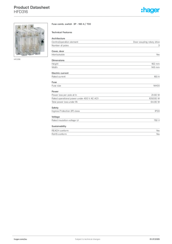 Image Hager Product data sheet HFD316  | Hager Australia
