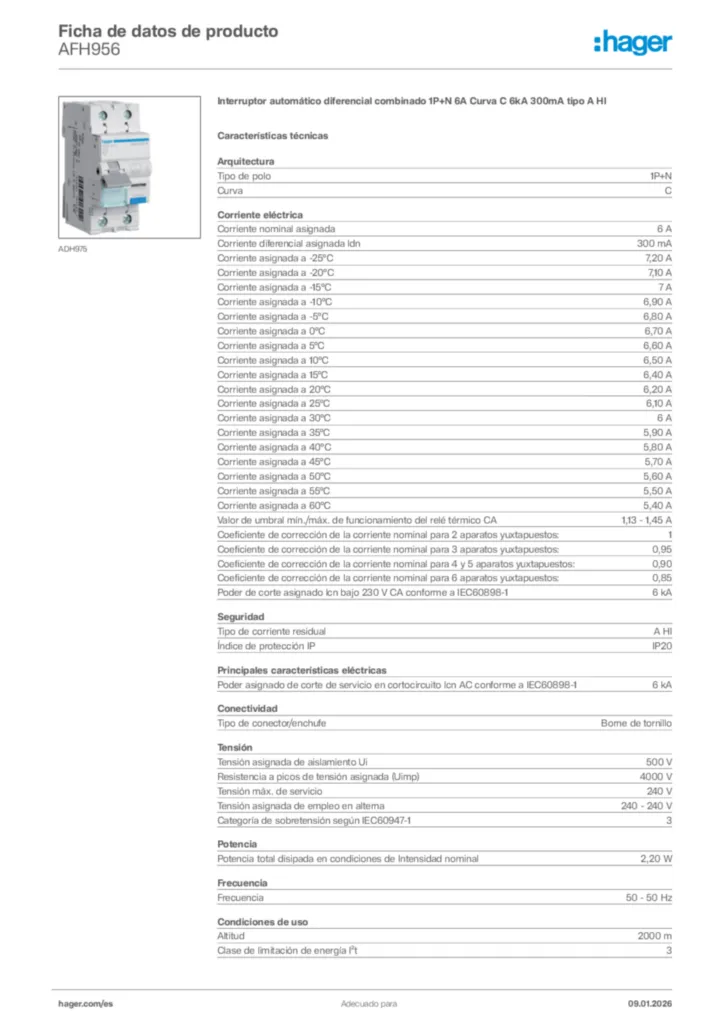 Imagen Hager Ficha de datos de producto AFH956 | Hager España