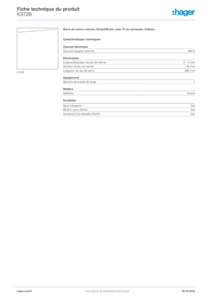 Image Hager Fiche technique du produit KS72B | Hager France