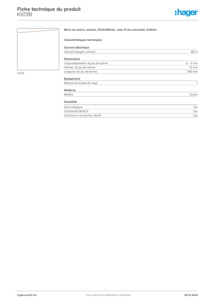 Image Hager Fiche technique du produit KS72B | Hager Belgique