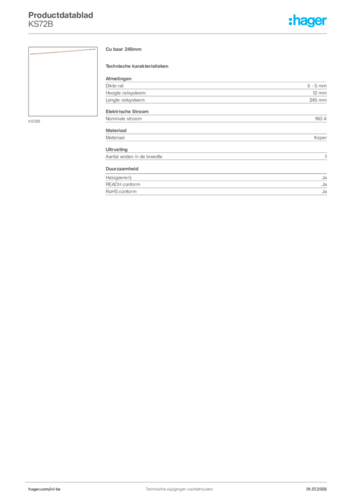 Afbeelding Hager Productdatablad KS72B | Hager Belgium