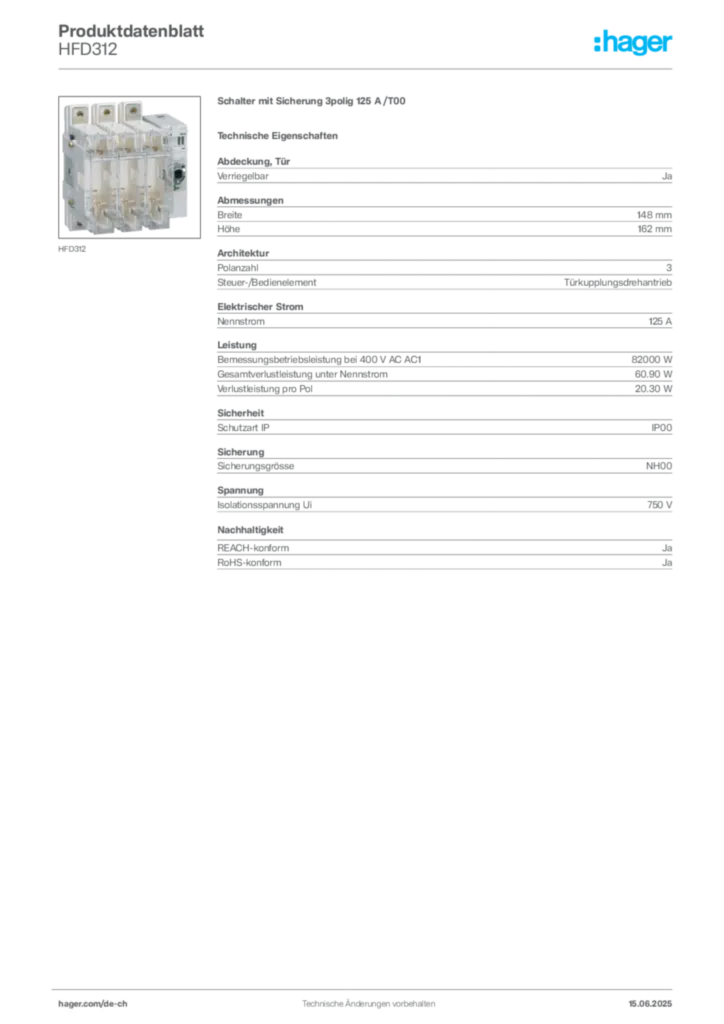 Bild Hager Produktdatenblatt HFD312 | Hager Schweiz