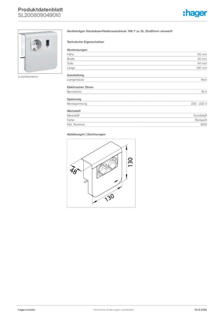 Bild Hager Produktdatenblatt SL200809049010 | Hager Deutschland