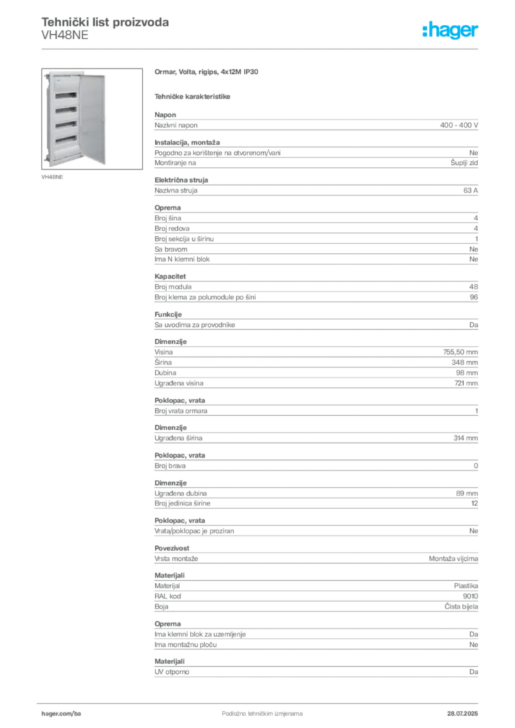 Slika Hager Product data sheet VH48NE  | Hager
