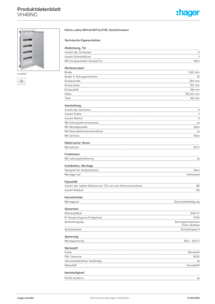 Hager Produktdatenblatt VH48NC