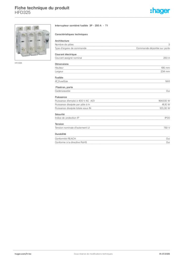 Image Hager Fiche technique du produit HFD325 | Hager Belgique