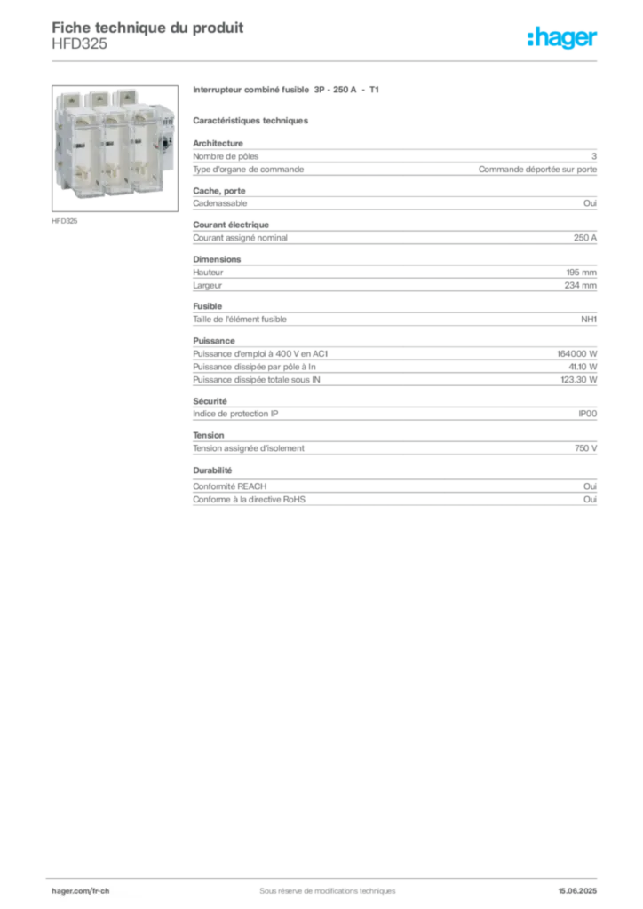 Image Hager Fiche technique du produit HFD325 | Hager Suisse
