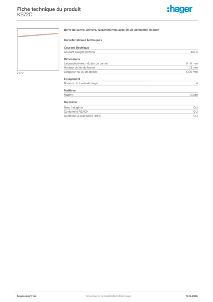 Image Hager Fiche technique du produit KS72C | Hager Belgique