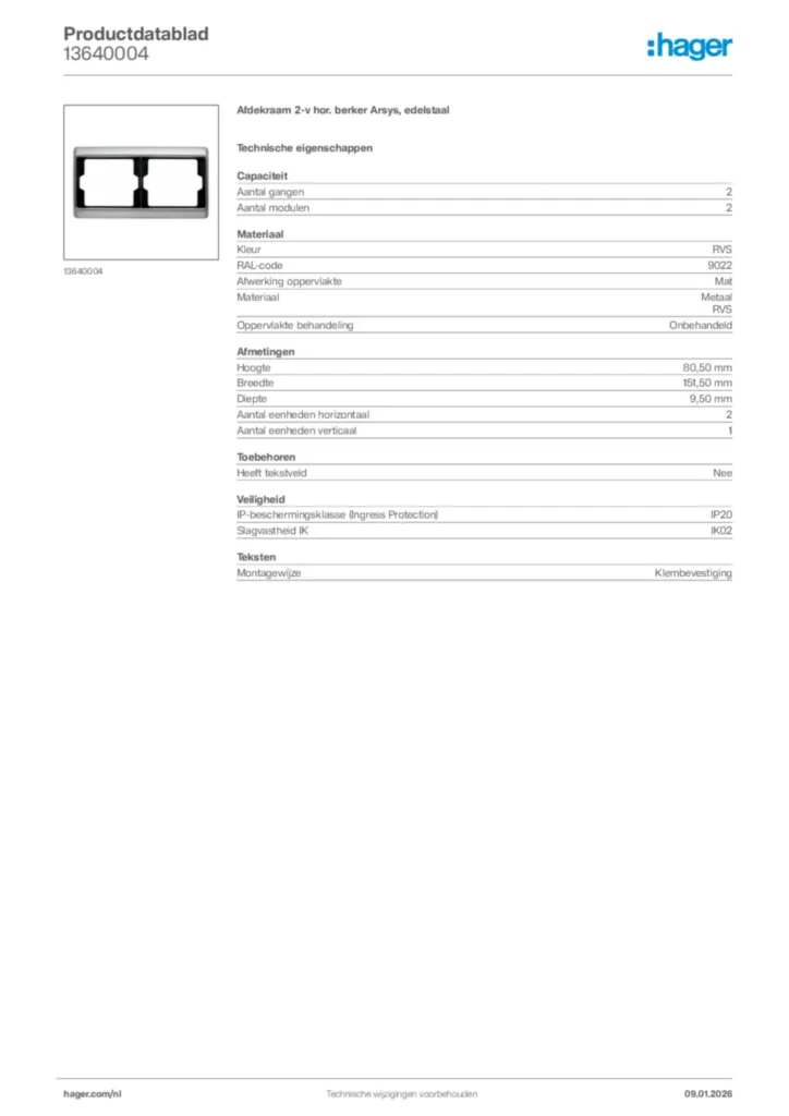 Afbeelding Hager Productdatablad 13640004 | Hager Nederland