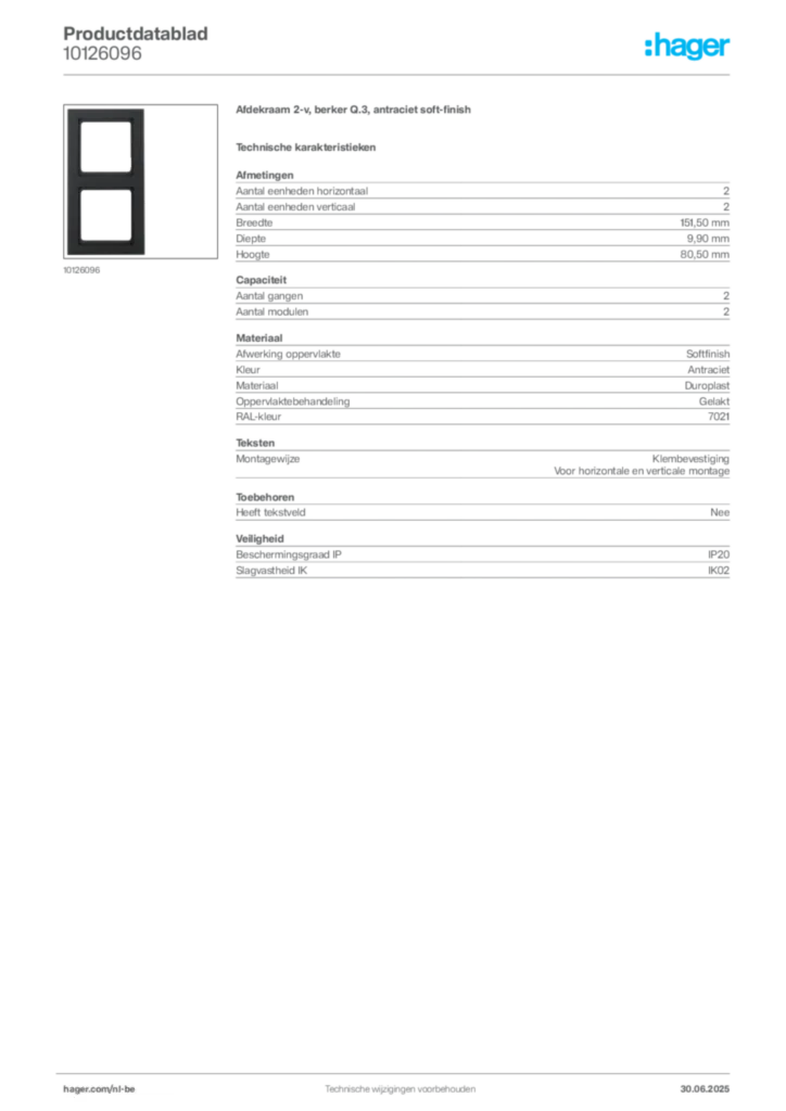 Afbeelding Hager Productdatablad 10126096 | Hager Belgium