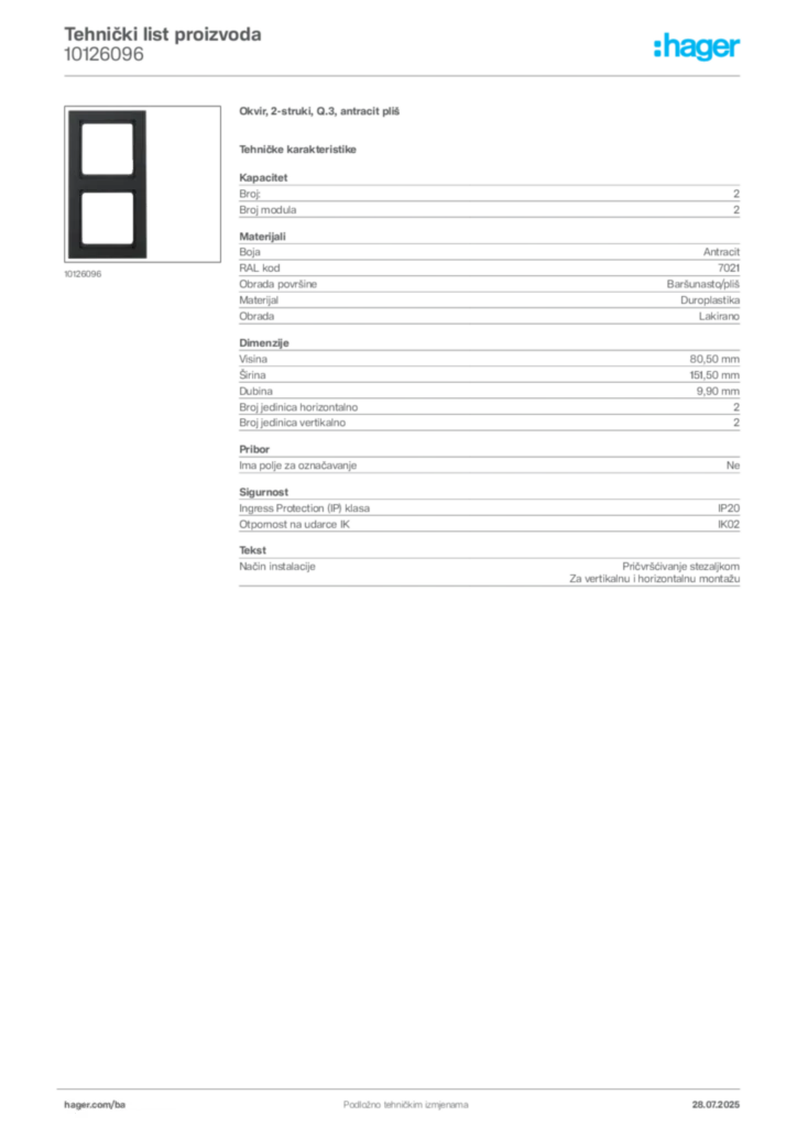 Slika Hager Product data sheet 10126096  | Hager
