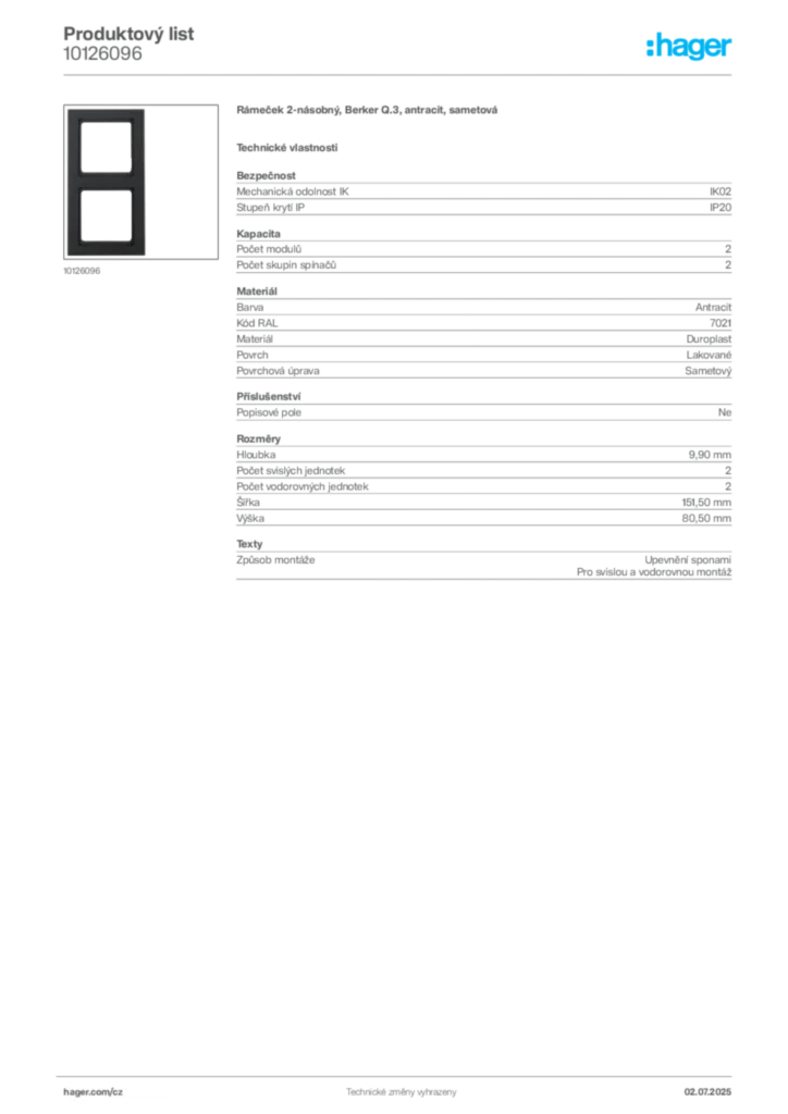 Obrázek Hager Produktový list 10126096 | Hager