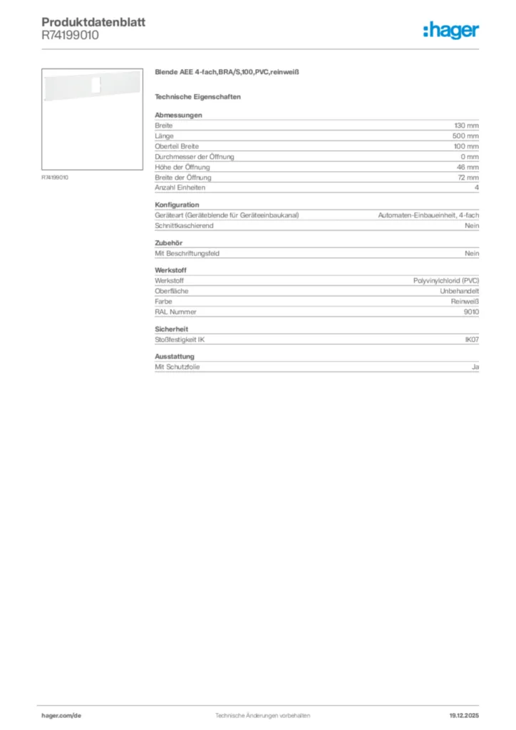 Bild Hager Produktdatenblatt R74199010 | Hager Deutschland