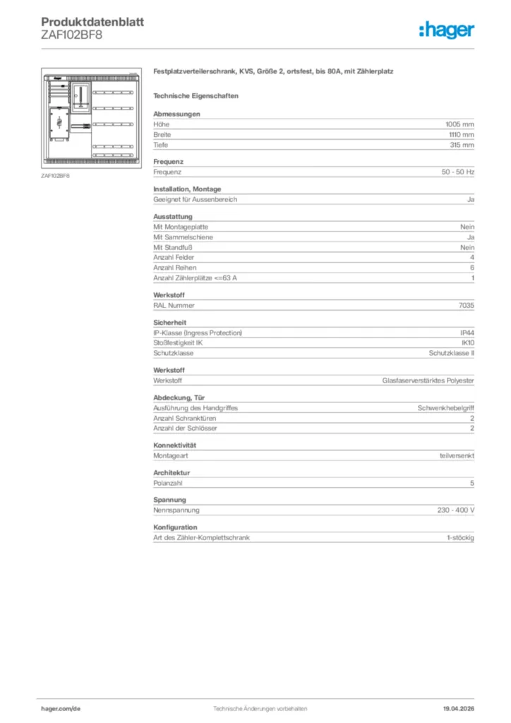 Bild Hager Produktdatenblatt ZAF102BF8 | Hager Deutschland