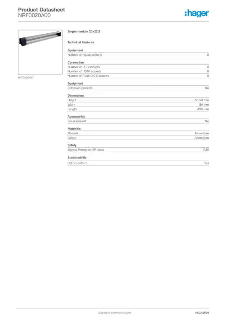 Image Hager Product data sheet NRF0020A00  | Hager Africa