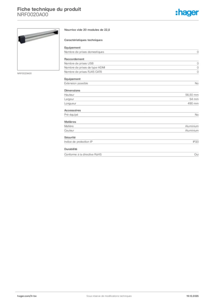 Image Hager Fiche technique du produit NRF0020A00 | Hager Belgique