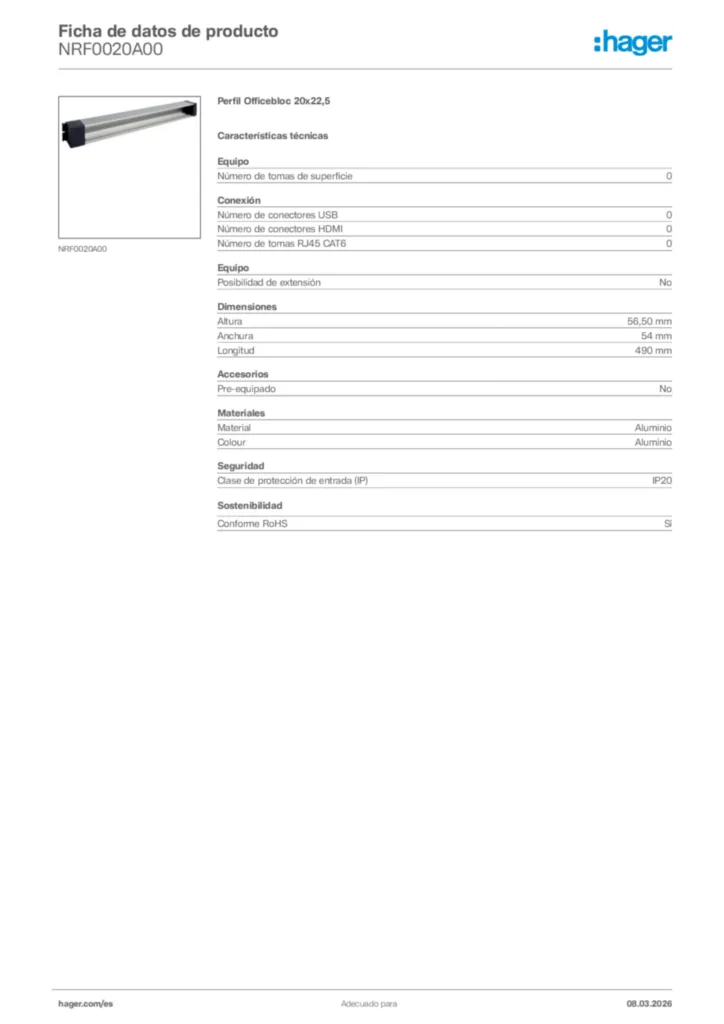 Imagen Hager Ficha de datos de producto NRF0020A00 | Hager España