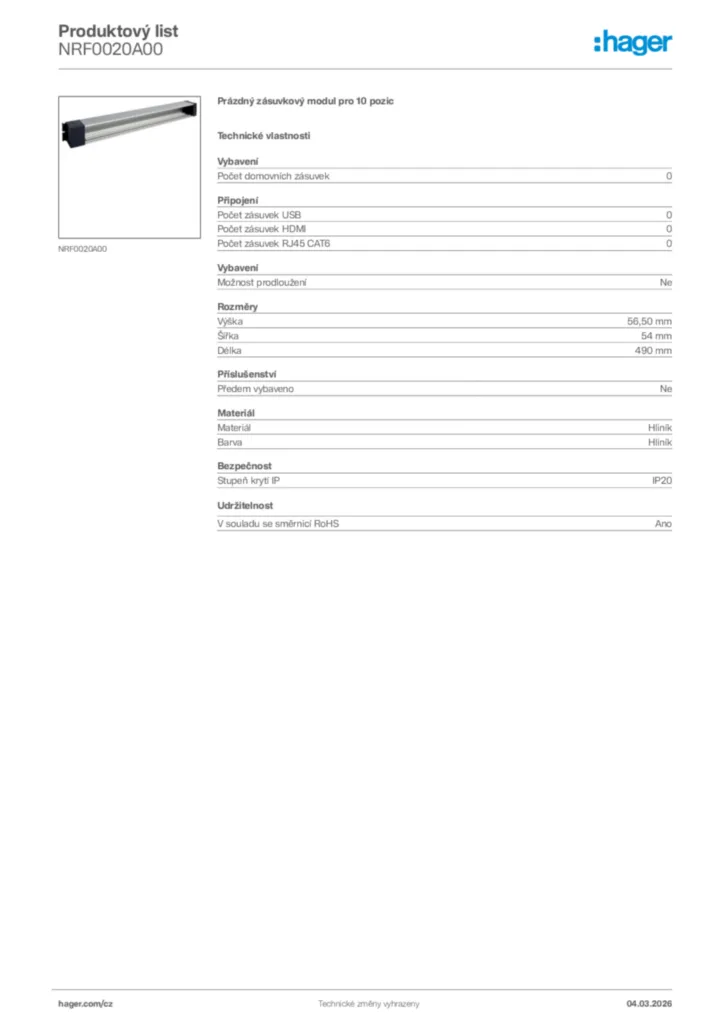 Obrázek Hager Product data sheet NRF0020A00 | Hager