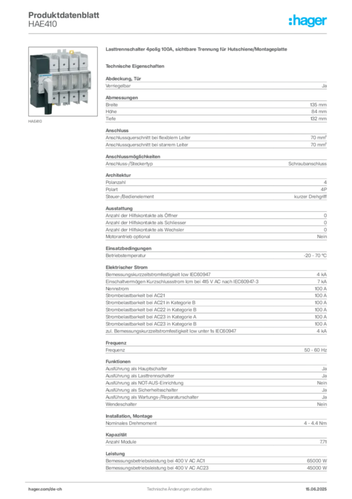 Bild Hager Produktdatenblatt HAE410 | Hager Schweiz