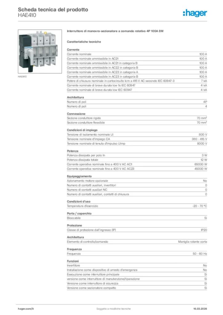Immagine Hager Scheda tecnica del prodotto HAE410 | Hager Italia