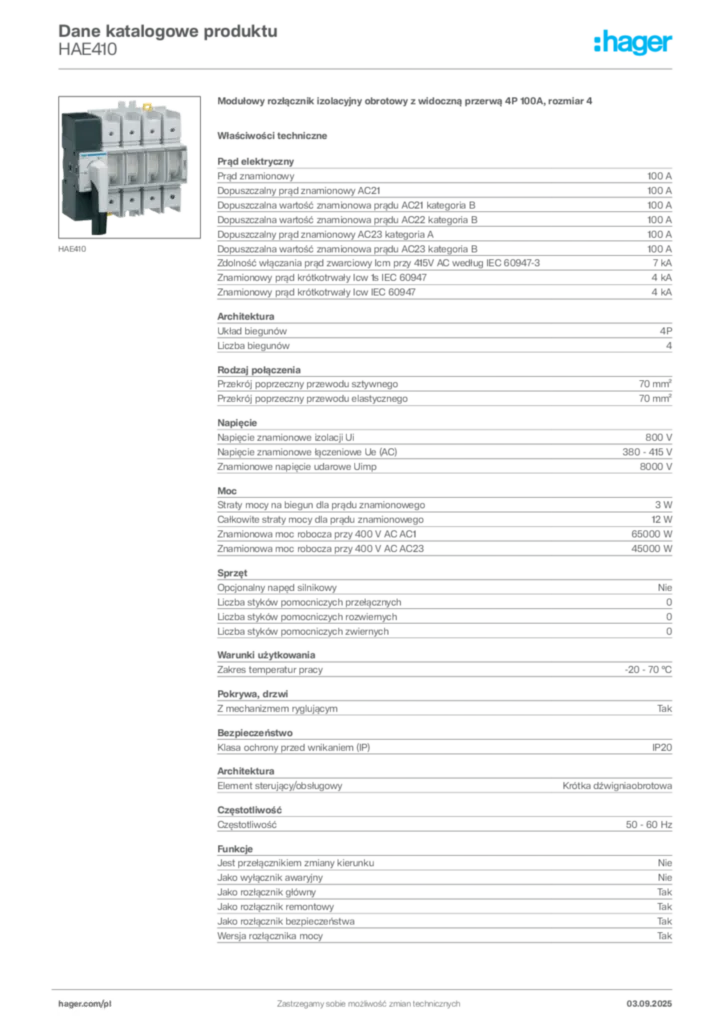 Zdjęcie Hager Karta katalogowa HAE410 | Hager Polska