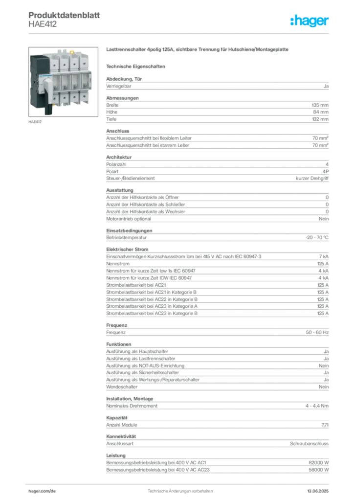 Bild Hager Produktdatenblatt HAE412 | Hager Deutschland