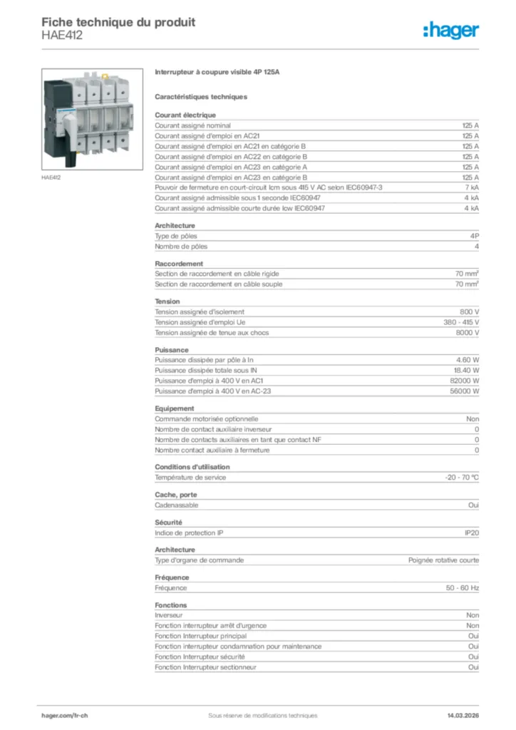 Image Hager Fiche technique du produit HAE412 | Hager Suisse