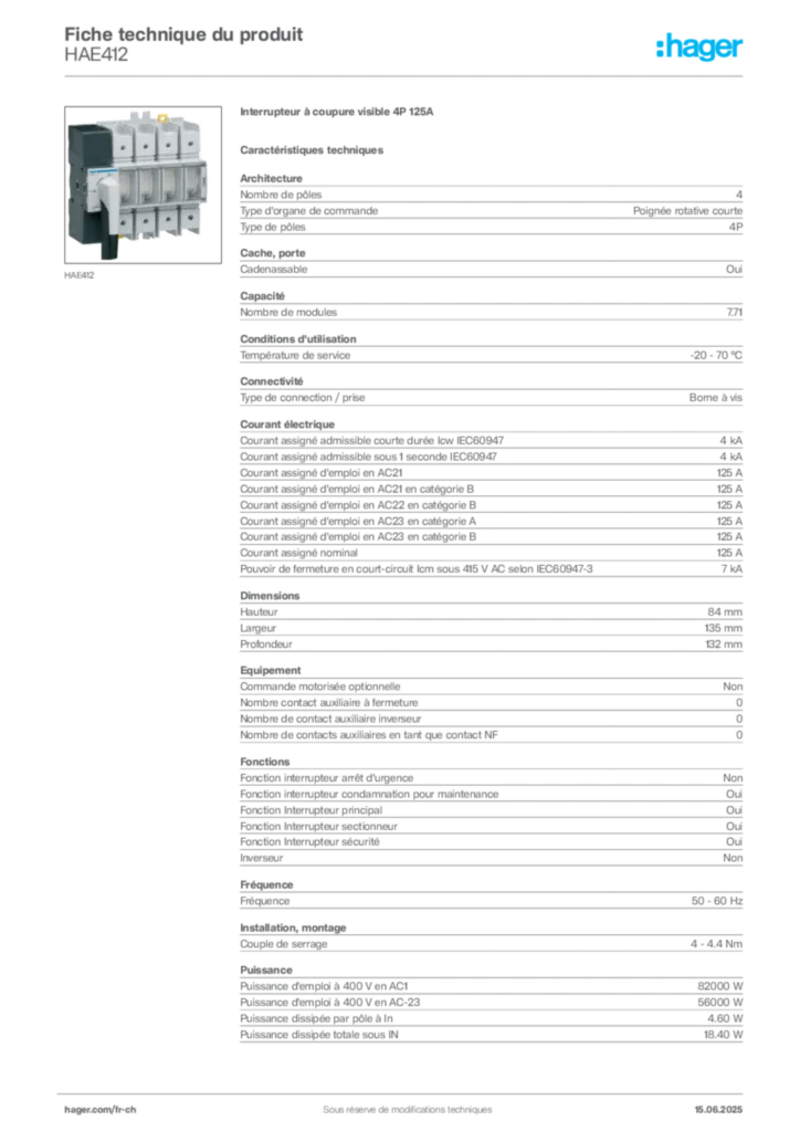 Image Hager Fiche technique du produit HAE412 | Hager Suisse