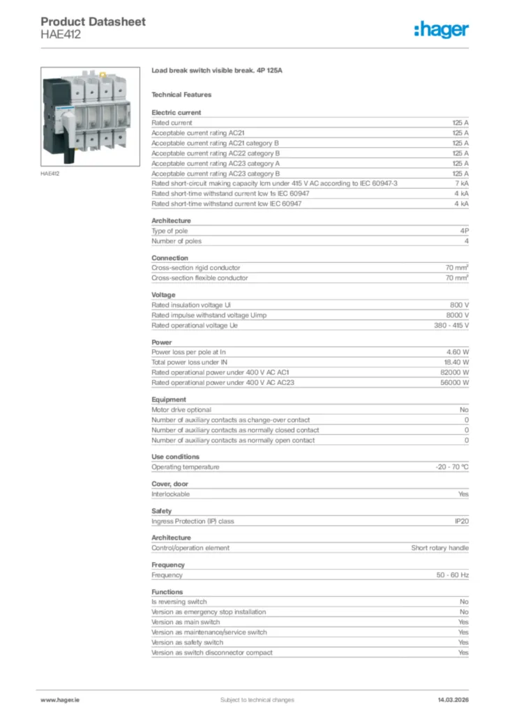 Image Hager Product data sheet HAE412  | Hager