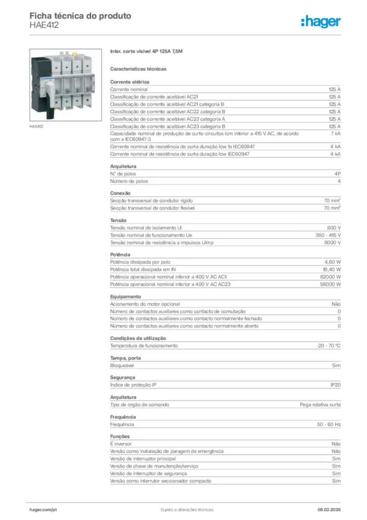 Imagem Hager Ficha técnica do produto HAE412 | Hager Portugal