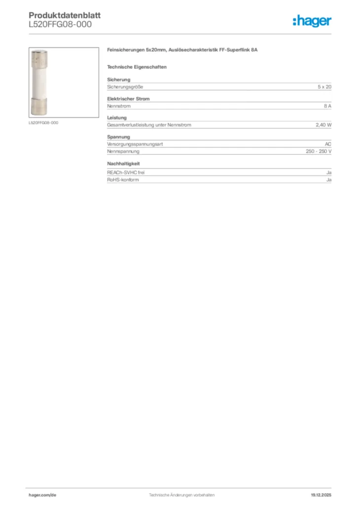 Bild Hager Produktdatenblatt L520FFG08-000 | Hager Deutschland