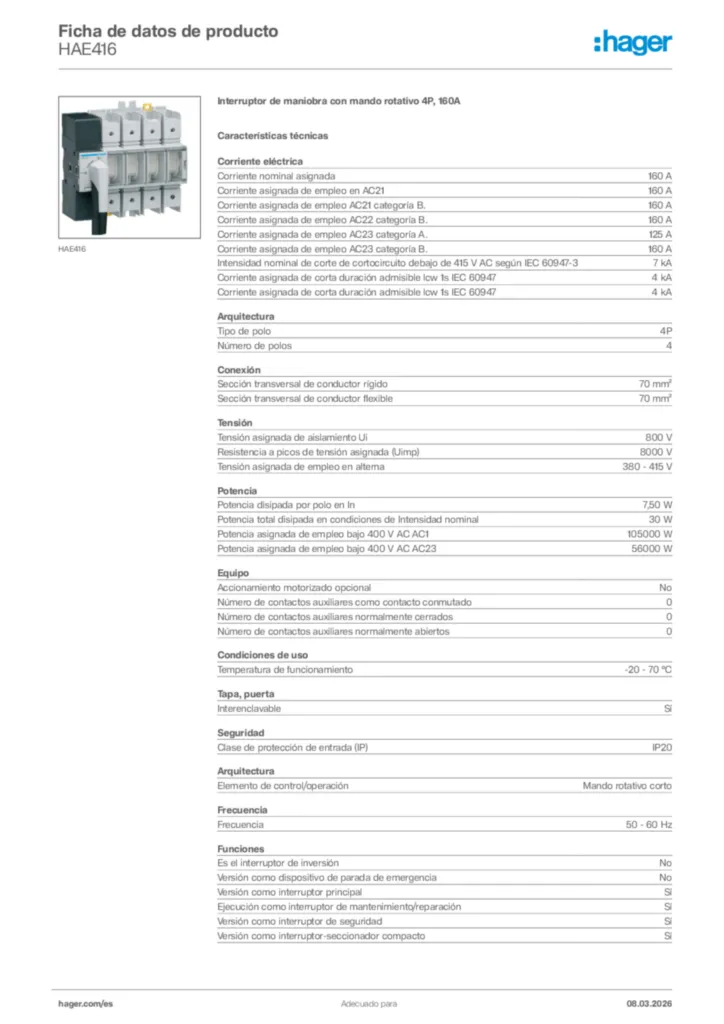 Imagen Hager Ficha de datos de producto HAE416 | Hager España