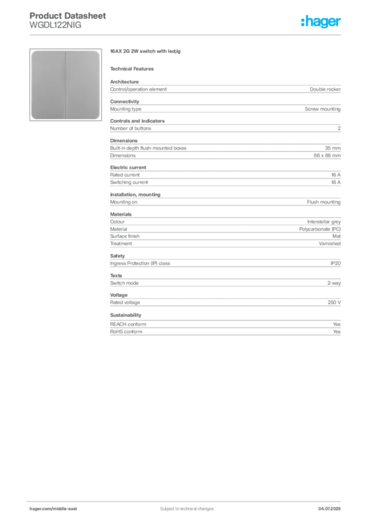 Image Hager Product data sheet WGDL122NIG  | Hager