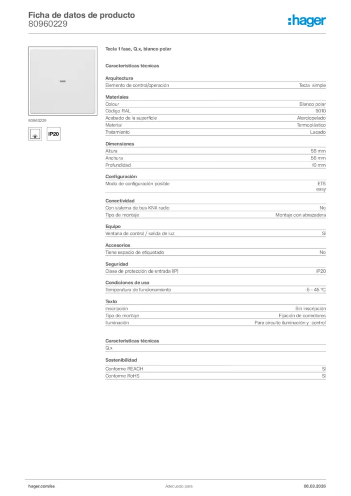 Imagen Hager Ficha de datos de producto 80960229 | Hager España