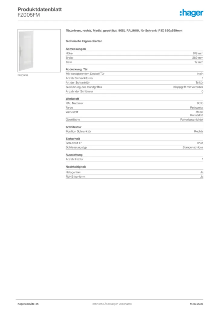 Bild Hager Produktdatenblatt FZ005FM | Hager Schweiz