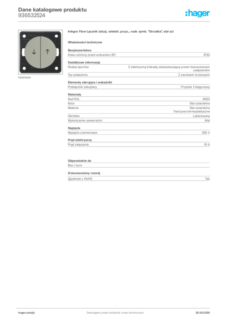 Zdjęcie Hager Karta katalogowa 936532524 | Hager Polska