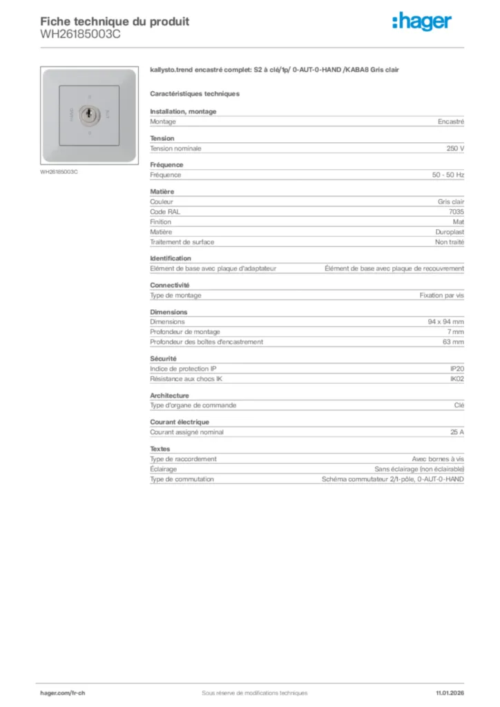 Image Hager Fiche technique du produit WH26185003C | Hager Suisse
