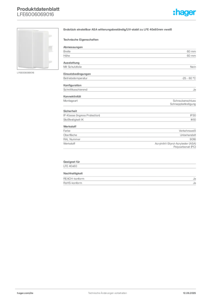 Bild Hager Produktdatenblatt LFE6006069016 | Hager Deutschland