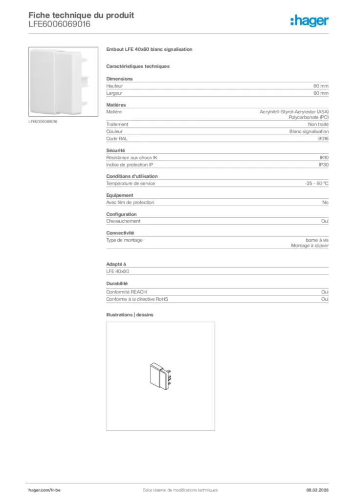 Image Hager Fiche technique du produit LFE6006069016 | Hager Belgique