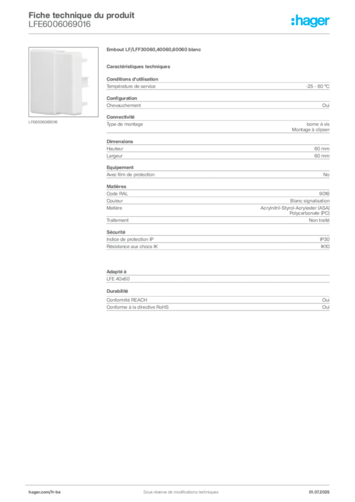 Image Hager Fiche technique du produit LFE6006069016 | Hager Belgique