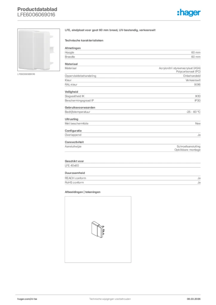 Afbeelding Hager Productdatablad LFE6006069016 | Hager Belgium