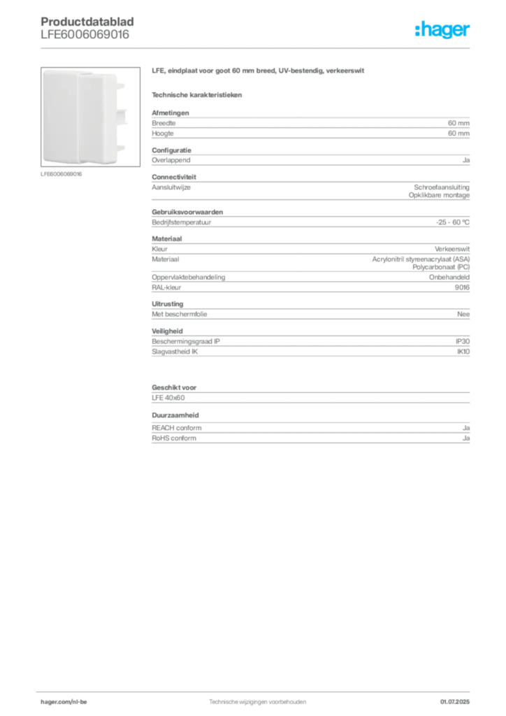 Afbeelding Hager Productdatablad LFE6006069016 | Hager Belgium
