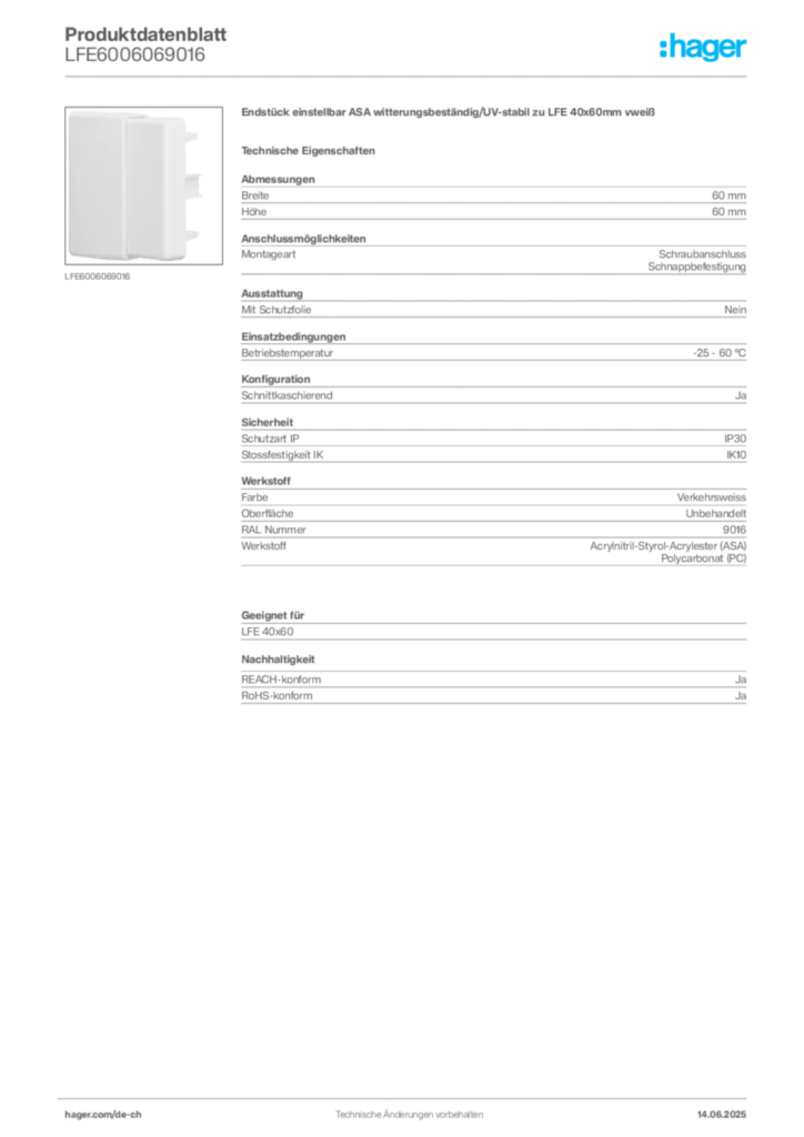 Bild Hager Produktdatenblatt LFE6006069016 | Hager Schweiz