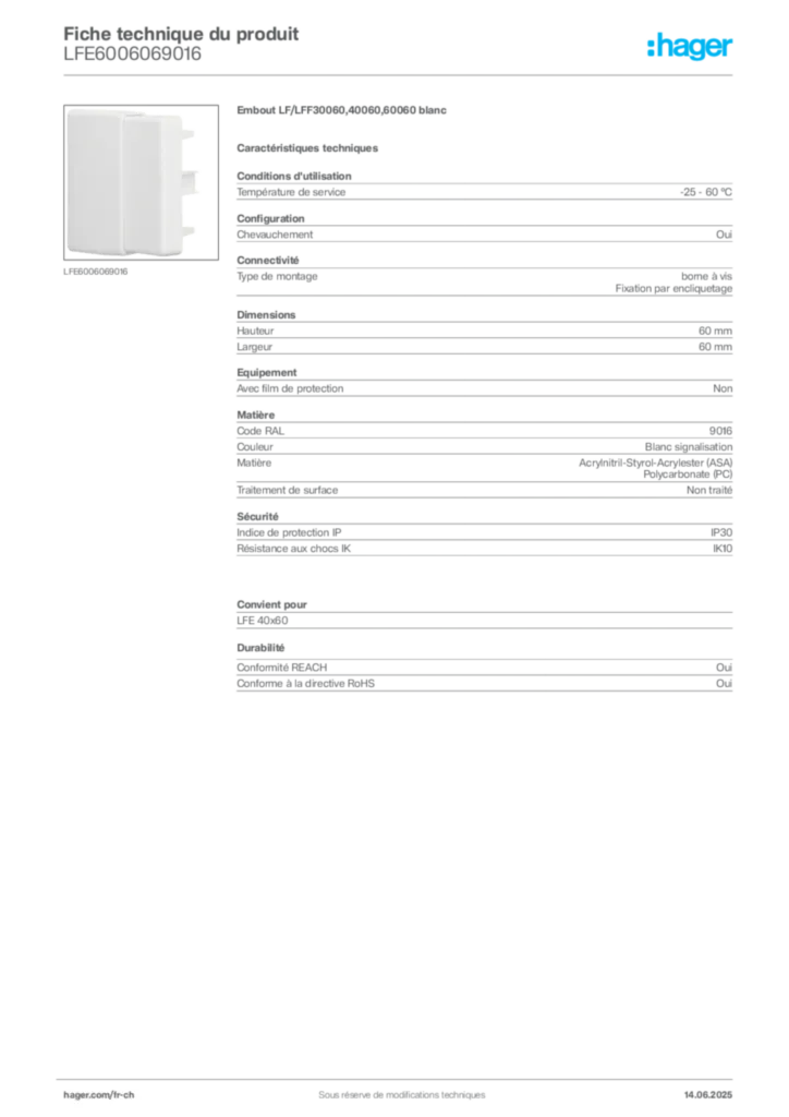 Image Hager Fiche technique du produit LFE6006069016 | Hager Suisse